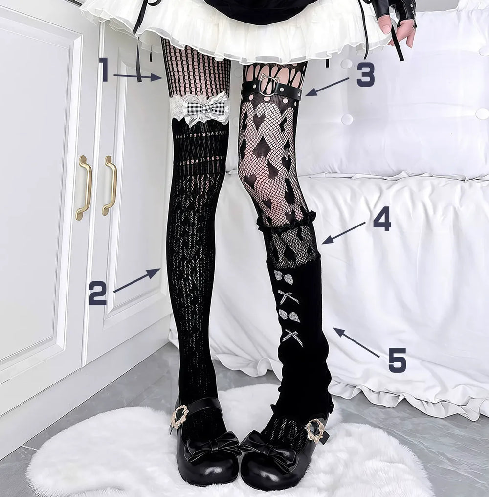 Asymmetrical Layering Pantyhose Sock Set, Bows and Lace 45358:850864