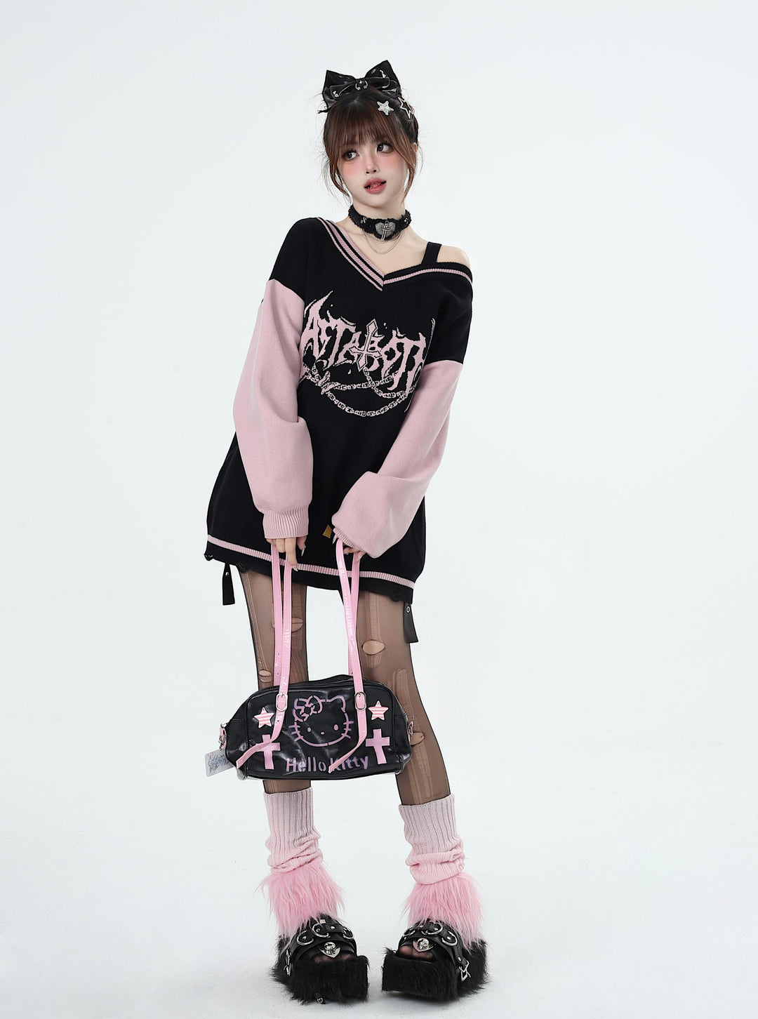 Y2K Sweater Gyaru V-neck Black-Pink Sweater For Winter 41790:716586