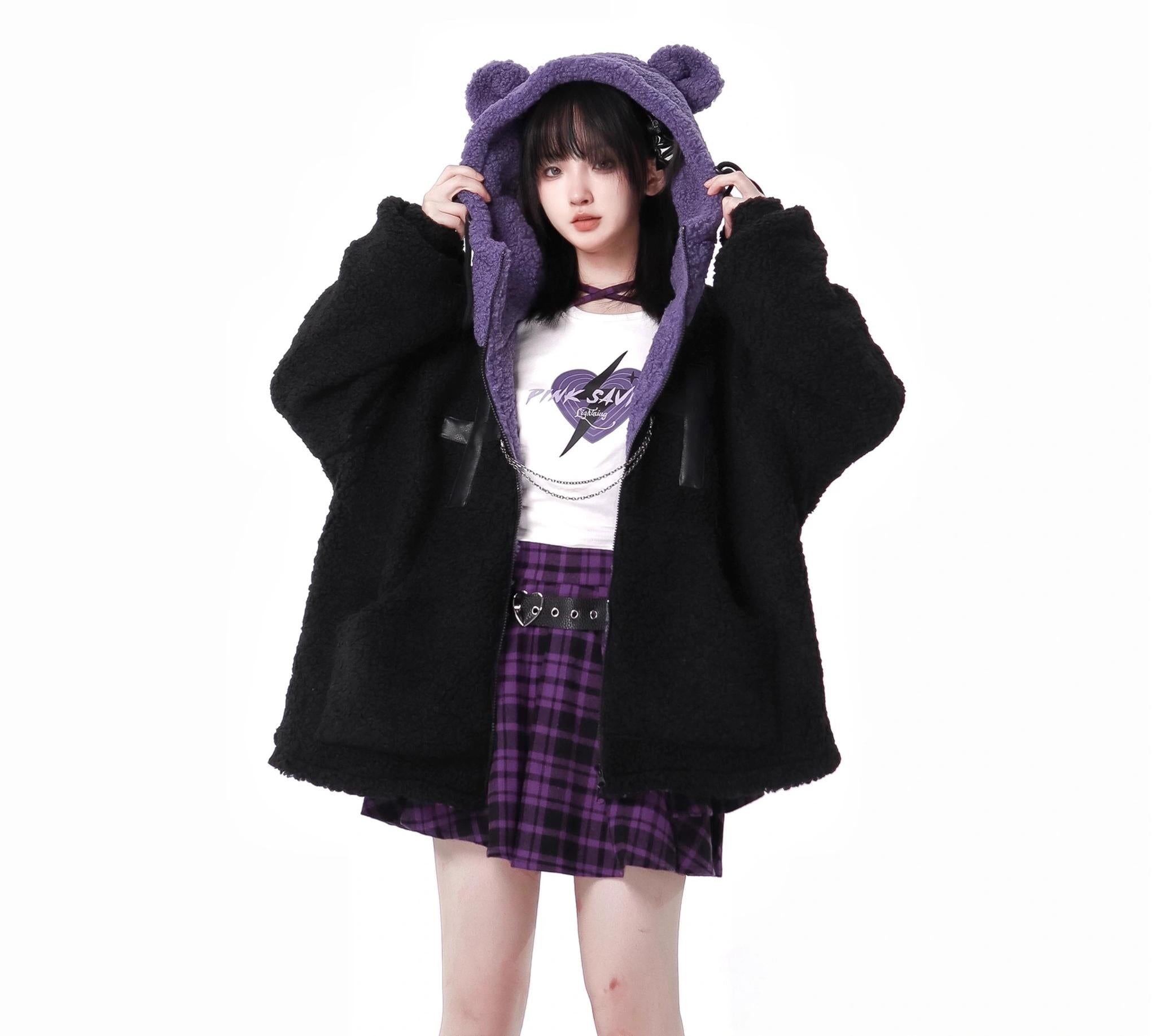 Jirai Kei Winter Coat Purple Black Outfit Sets Bear Ears Jacket