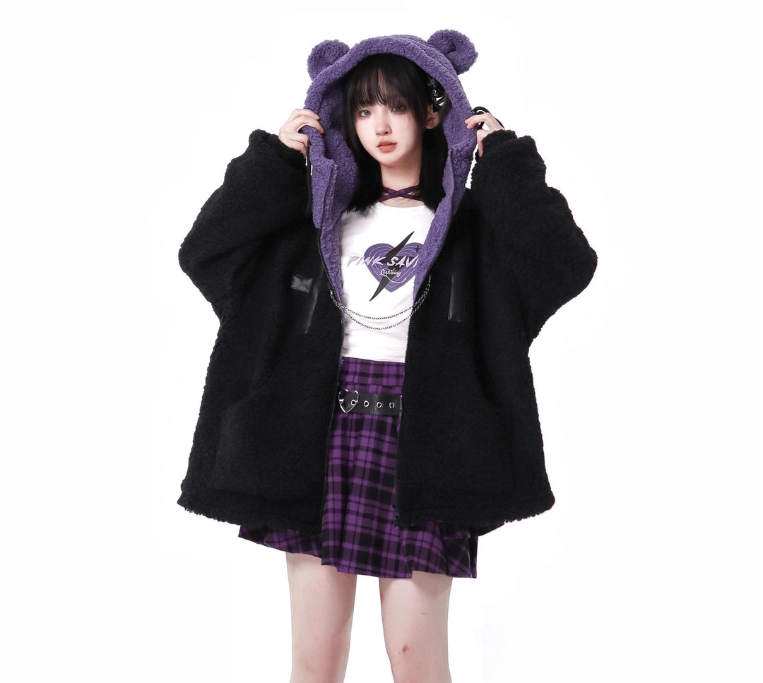 Jirai Kei Winter Coat Purple Black Outfit Sets Bear Ears Jacket 32572:421934 32572:421934