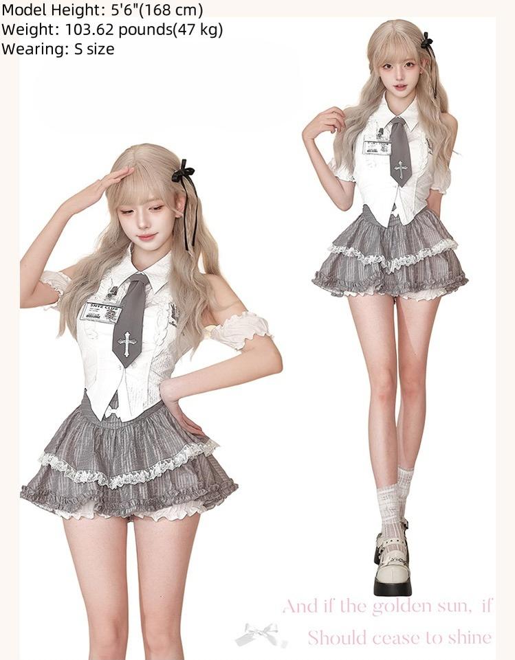 Preppy-Inspired Gyaru Halter Neck Blouse, Mini Skirt 43429:780229