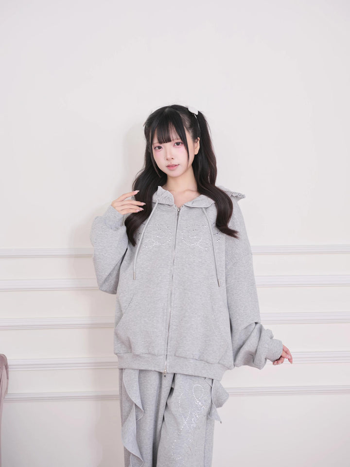 Sporty Hoodie Jacket 4-Piece Set, Hot-Fix Rhinestone (Gray) 45857:865899