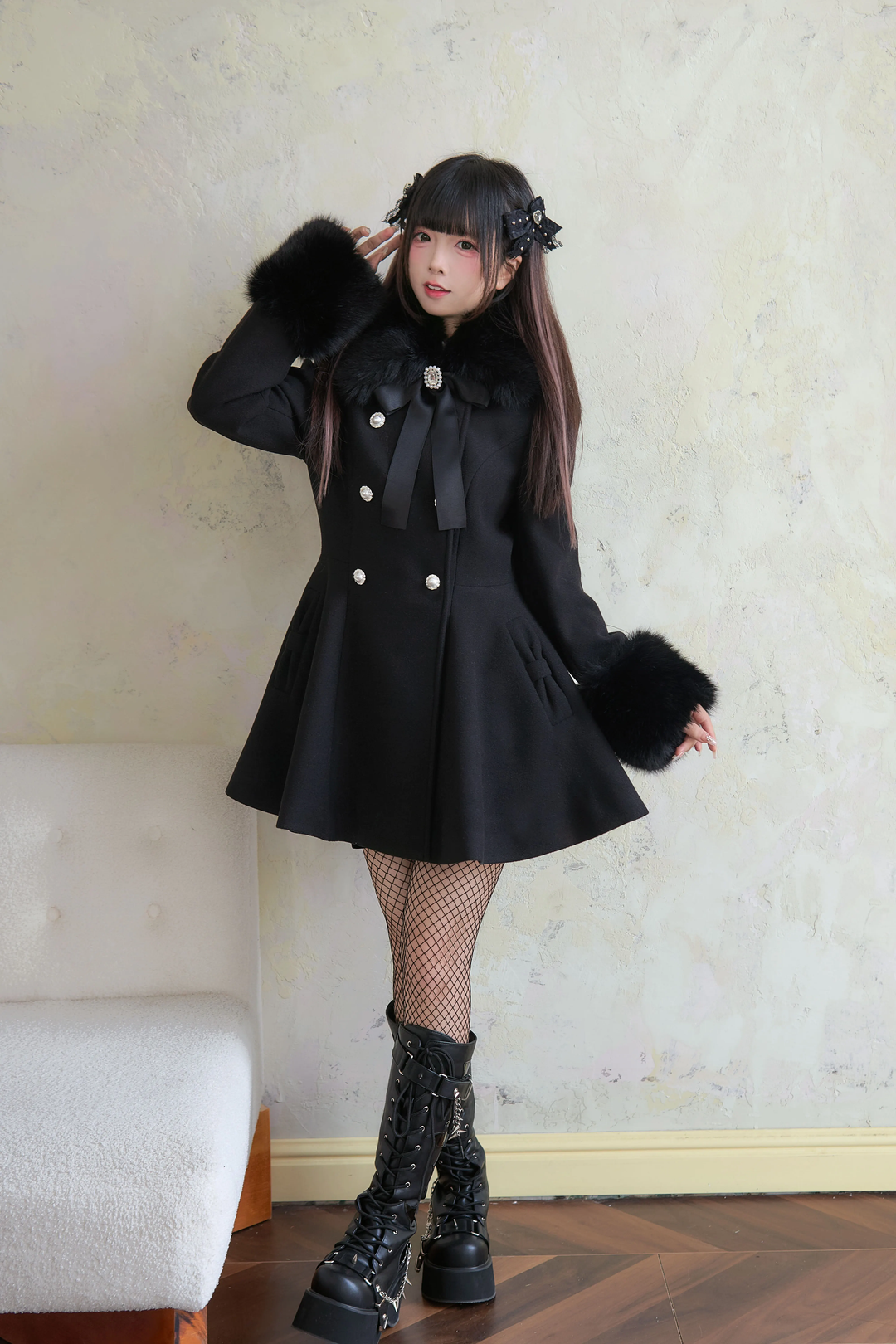 Jirai Kei Winter Coat Mid-length Coat Slim Fit Big Hem Coat 40570:674380