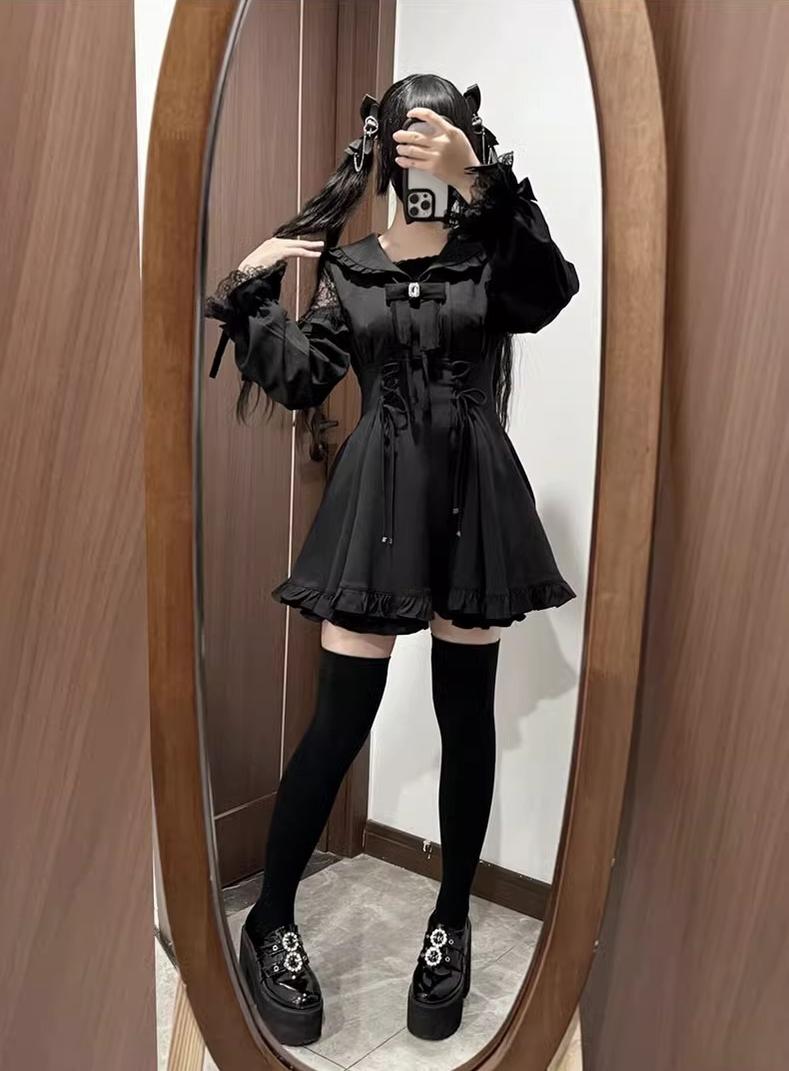 Jirai Kei Dress Set Black Sailor Collar Lace Dress Shorts 40076:649924