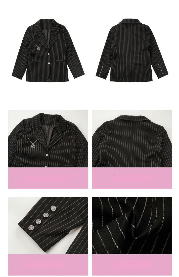 Black Striped Blazer Skirt with White Shirt Set 29366:355460 29366:355460