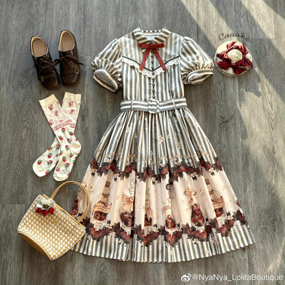 Retro Lolita Dress Strawberry Print Short Sleeve OP Embroidery Shirt 37248:569558