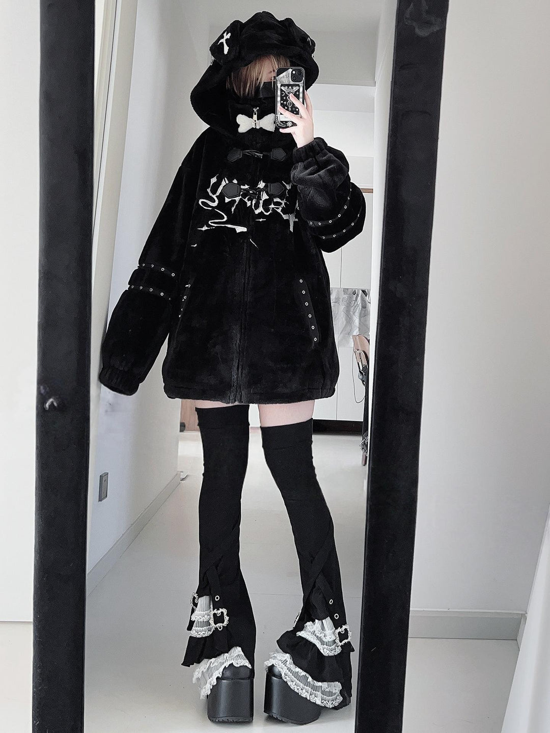 Y2K Black Hooded Coat, Puppy Ear Accents 44416:807599
