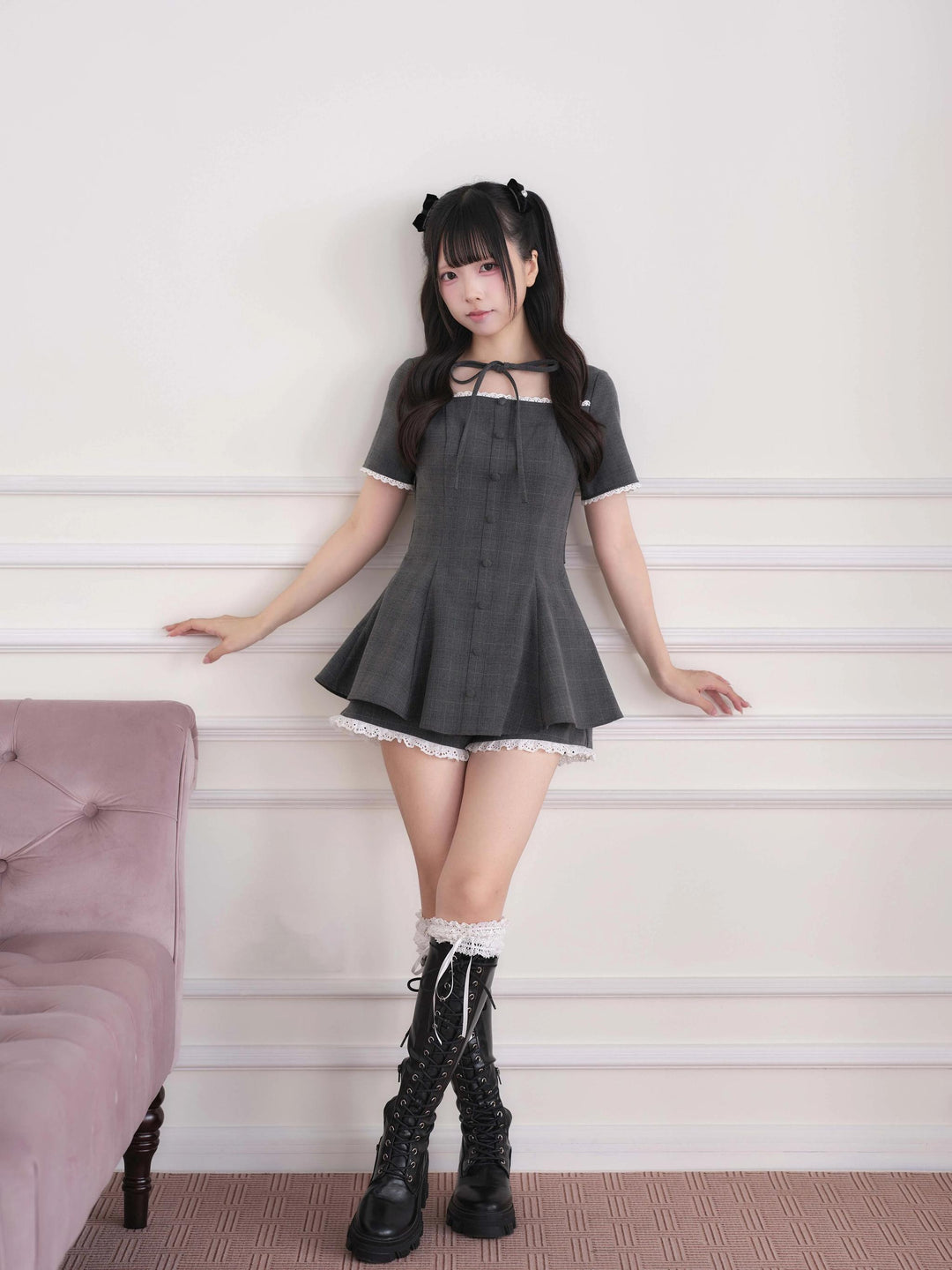 Ryousangata Lace Trim Dress & Elastic Shorts Set 45835:864539