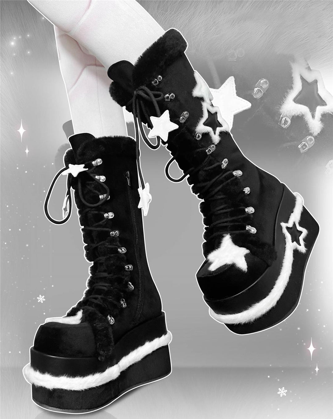 Y2K Platform Shoes Black Plush Combat Boots 33824:439602 33824:439602