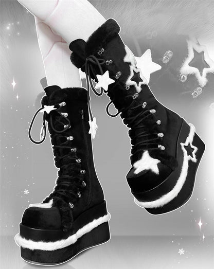 Y2K Platform Shoes Black Plush Combat Boots 33824:439602