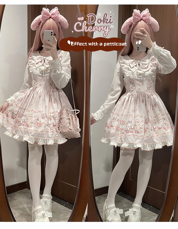 Kawaii Ryousangata Dress Long-sleeved Cat Printed OP Dress 40560:665176