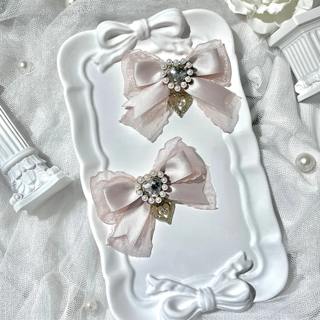 Jirai Kei Bow Hair Clips Set, Rhinestone & Pearl Accent 45776:866477