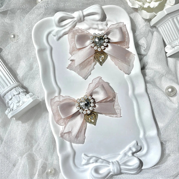 Jirai Kei Bow Hair Clips Set, Rhinestone & Pearl Accent 45776:866477