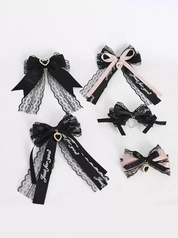 Jirai Kei Black Pink Hair Pin Lace Ribbon Hair Clip 22536:614862