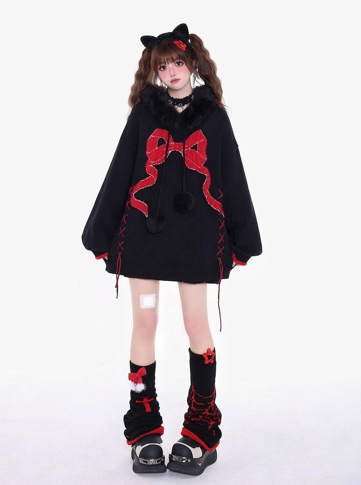 Yami Kawaii Sweater Bow Black Red Hoodie Detachable Collar 39556:650144