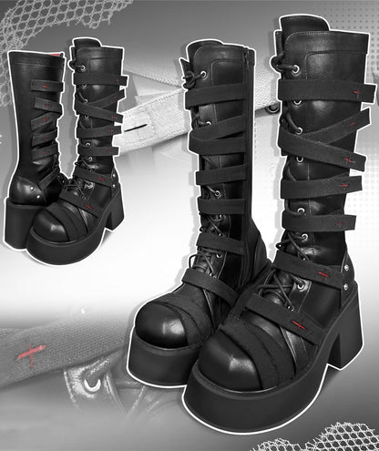 Punk Combat Boots Cross Strap Black White Boots 33822:446278