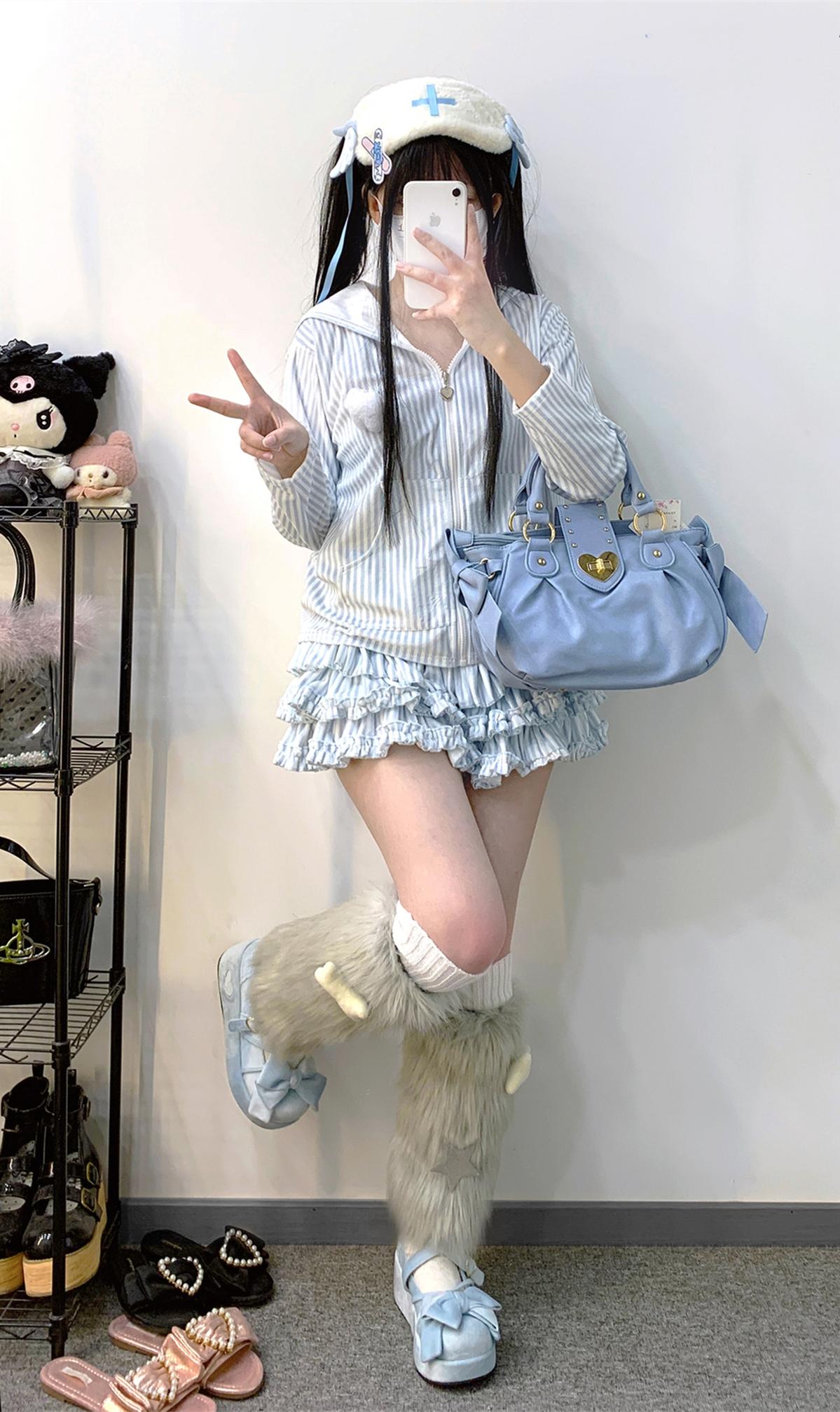 Jirai Kei Hoodie Skirt Set Stripe Hoodie Bunny Ear Coat 34402:460490