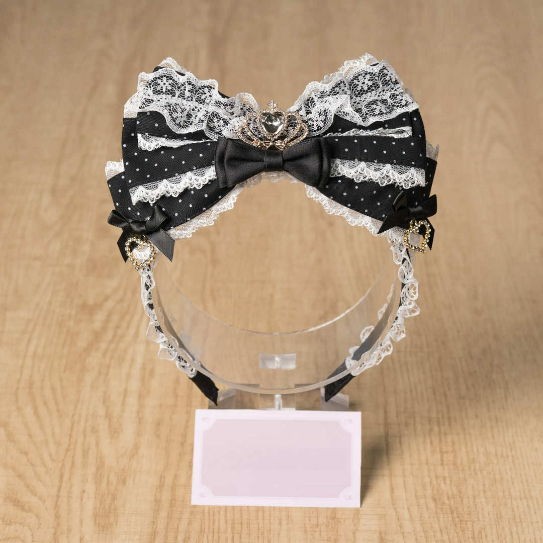 Jirai Kei Layered Bow Lace Headband, Crown & Heart Rhinestone 45960:870871
