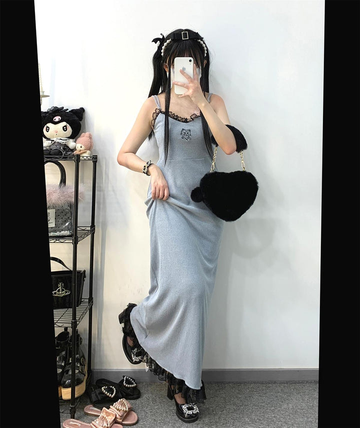 Jirai Kei Dress Ryousangata Lace Slip Dress Long Version (Blue) 34412:459900 (Blue) 34412:459900