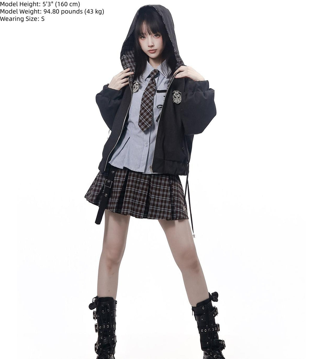 Preppy Reversible Plaid Jacket Set, Striped Blouse 45874:868501