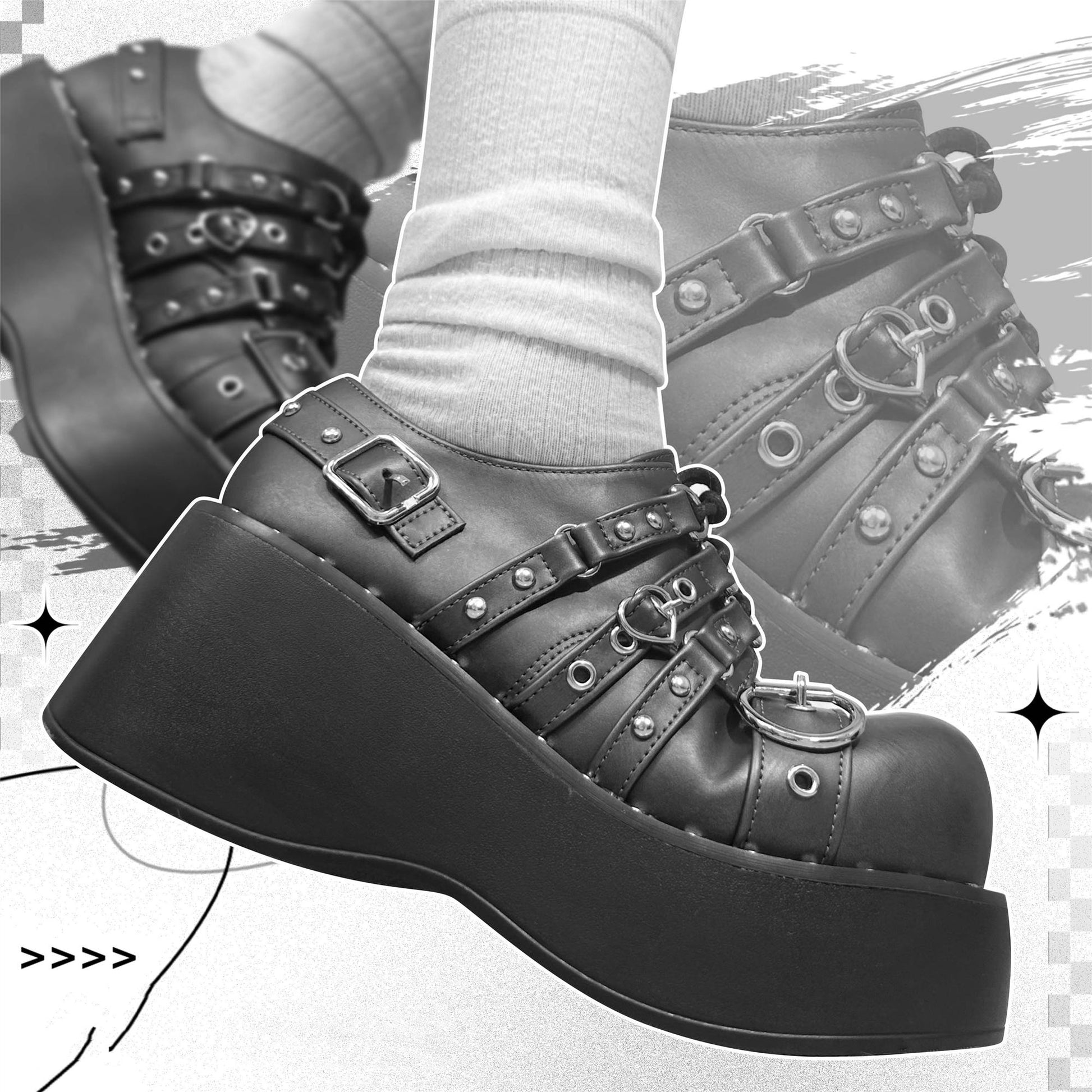 Punk Platform Shoes Gothic Buckle Leather Shoes 35520:530708