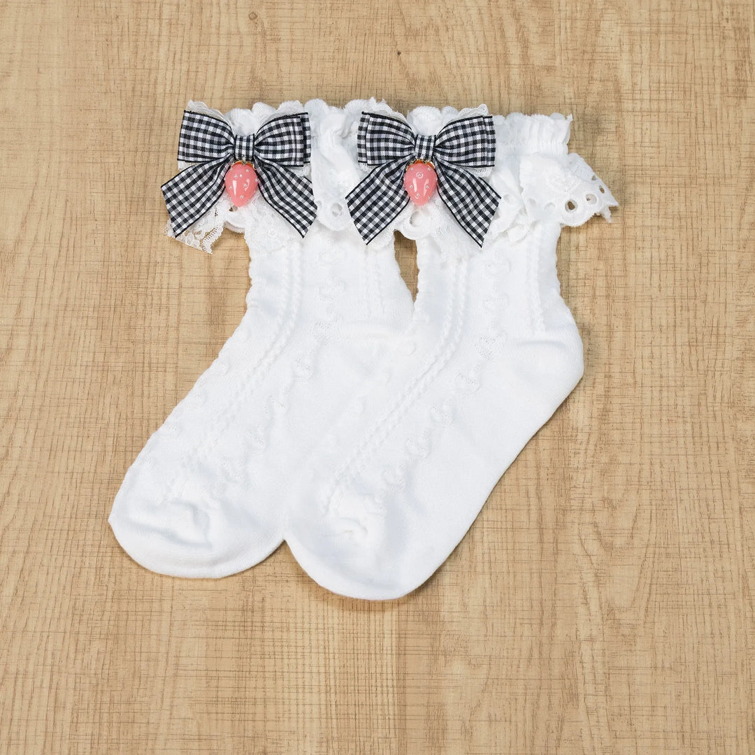 Ryousangata Plaid Bow Socks, Strawberry Pendant 45962:870150