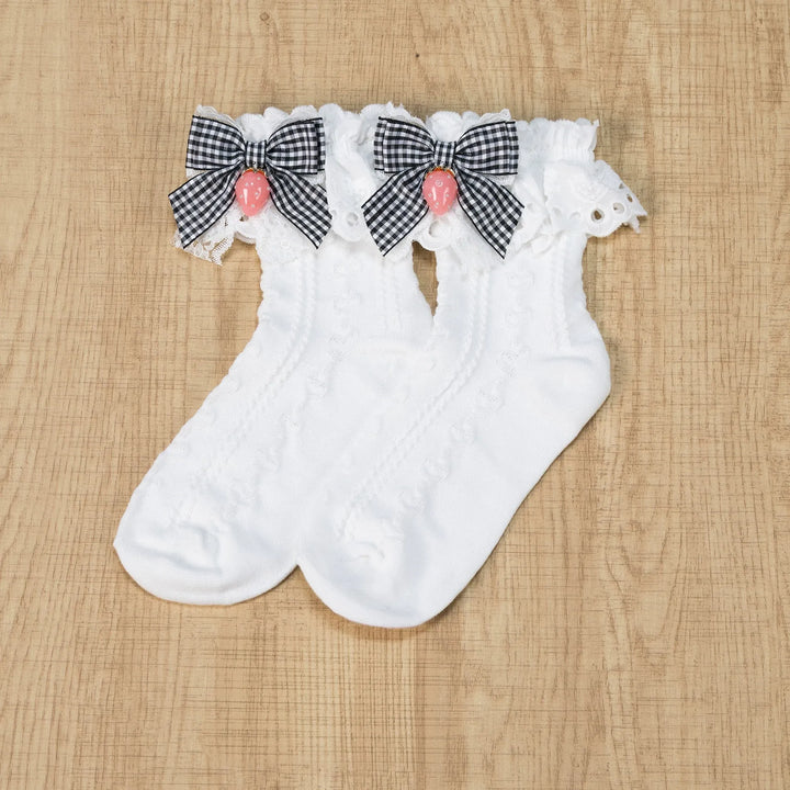 Ryousangata Plaid Bow Socks, Strawberry Pendant 45962:870150
