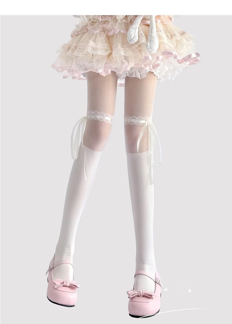 Lolita Socks Thin Lace Splice Thigh-high Socks White Black Silk 36622:526516 36622:526516