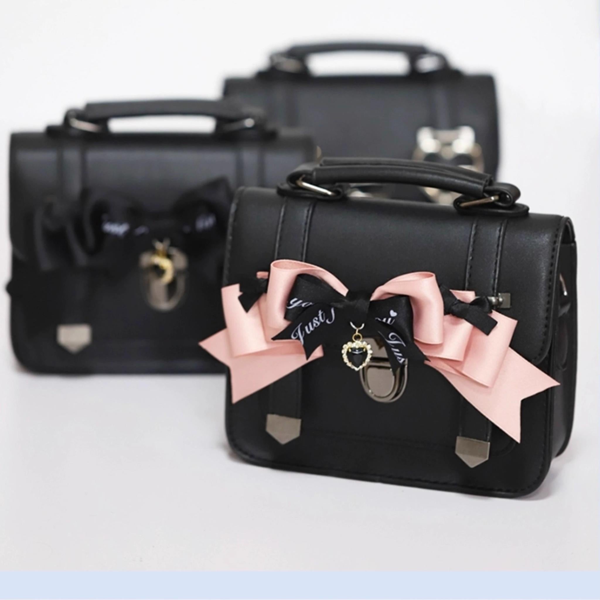Black Jirai Kei Bag JK Uniforms Bag With Bow And Rhinestone