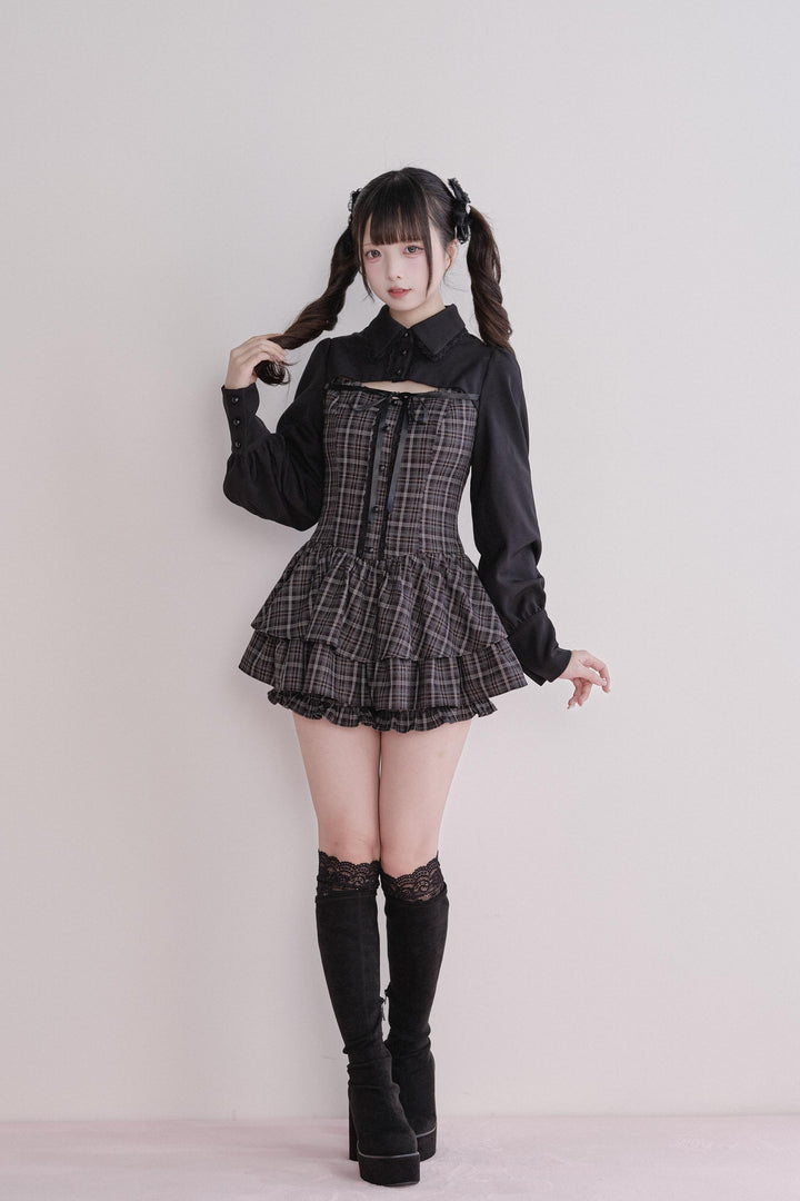 Jirai Kei Plaid Dress Set, Tiered Ruffles 44594:815606