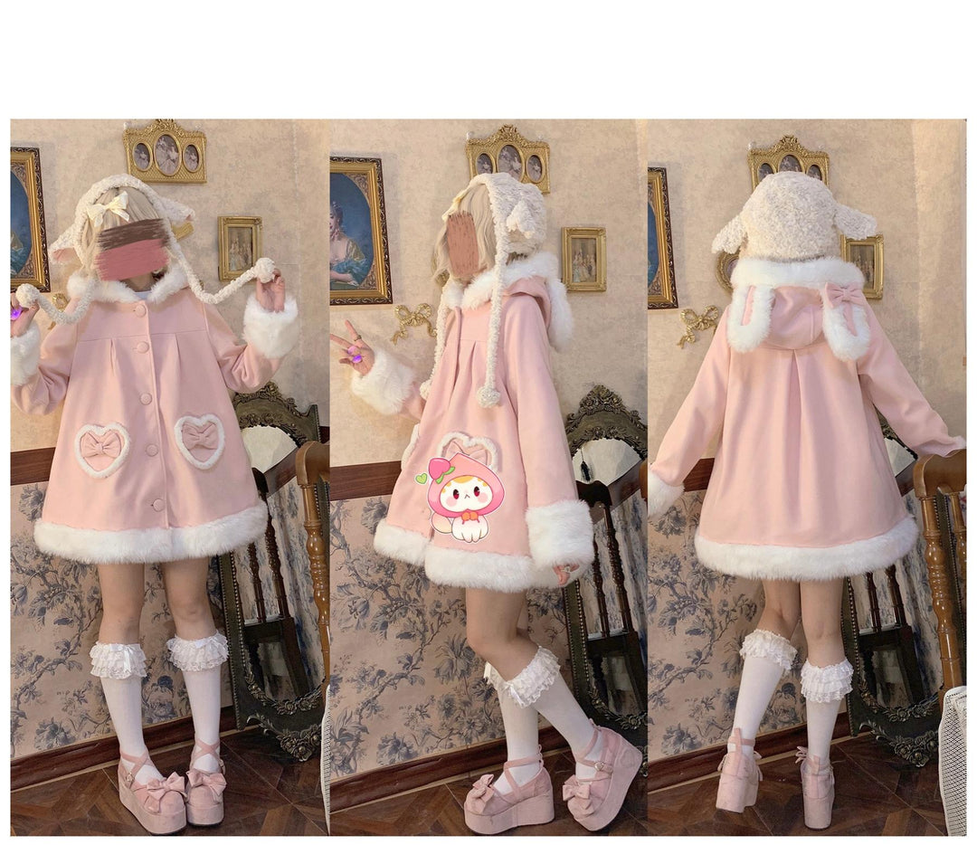 Sweet Lolita Coat Bunny Ear Hood Coat Pink Woolen Jacket 40932:680246