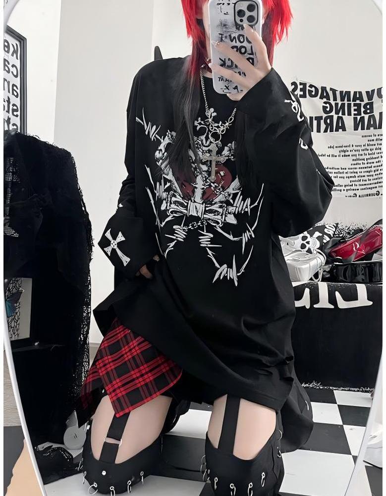 Gothic T-Shirt Black Bone Crown Printed Long Sleeve Top 42288:736271