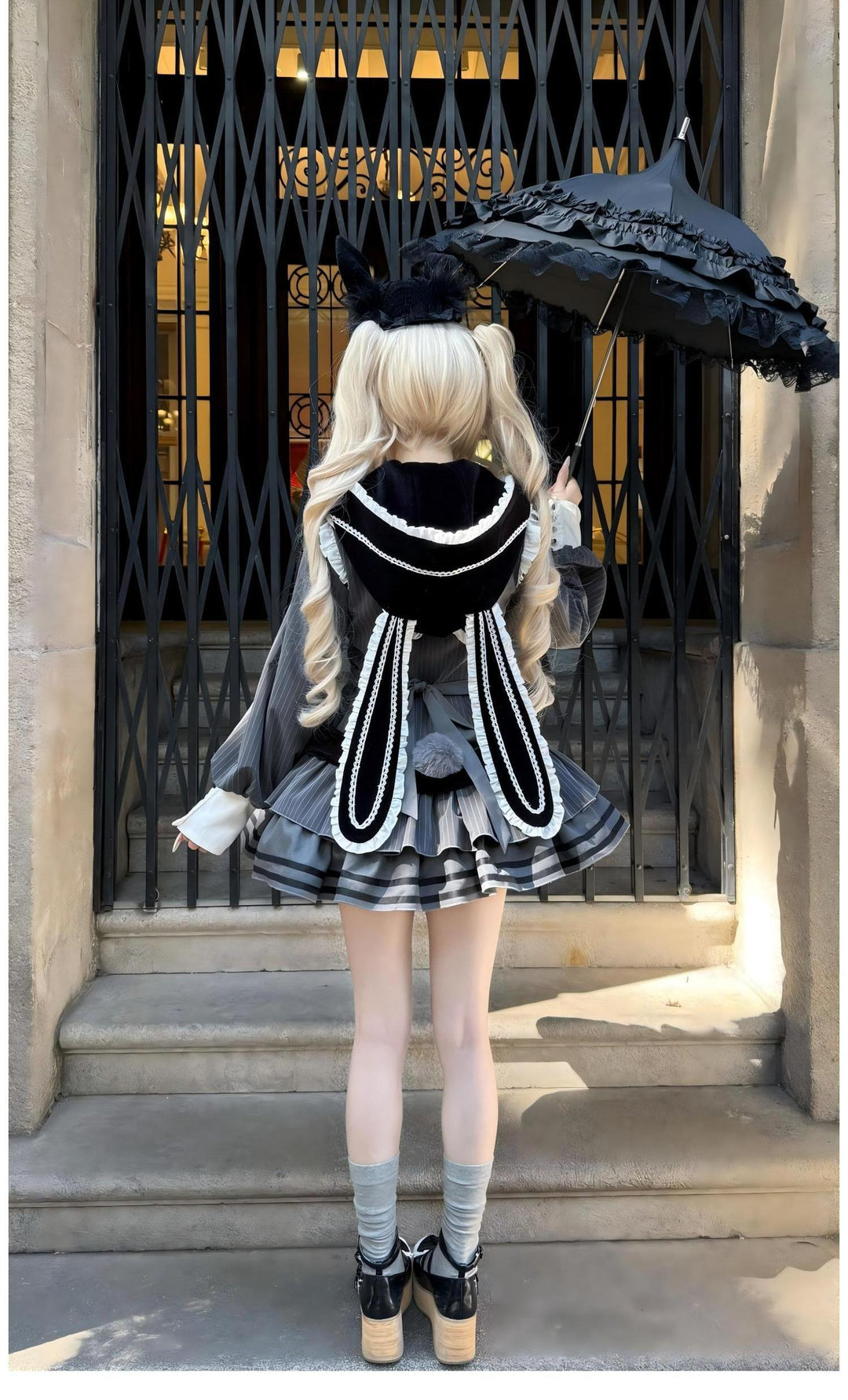 Kawaii Lolita Dress Grey OP With Long Bunny Ears and Plush Ball 42320:738126