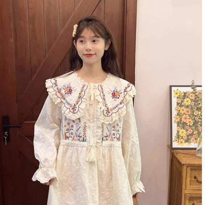 Cottagecore Dress Mori Kei Dress Embroidered Lace Dress 36214:524292