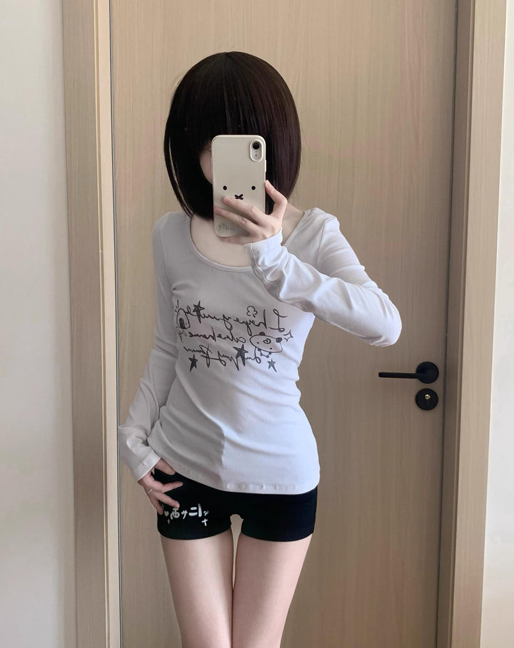 Long-Sleeved Gyaru Style Shirt with Otaku Graphic Print (L M S) 42901:760596