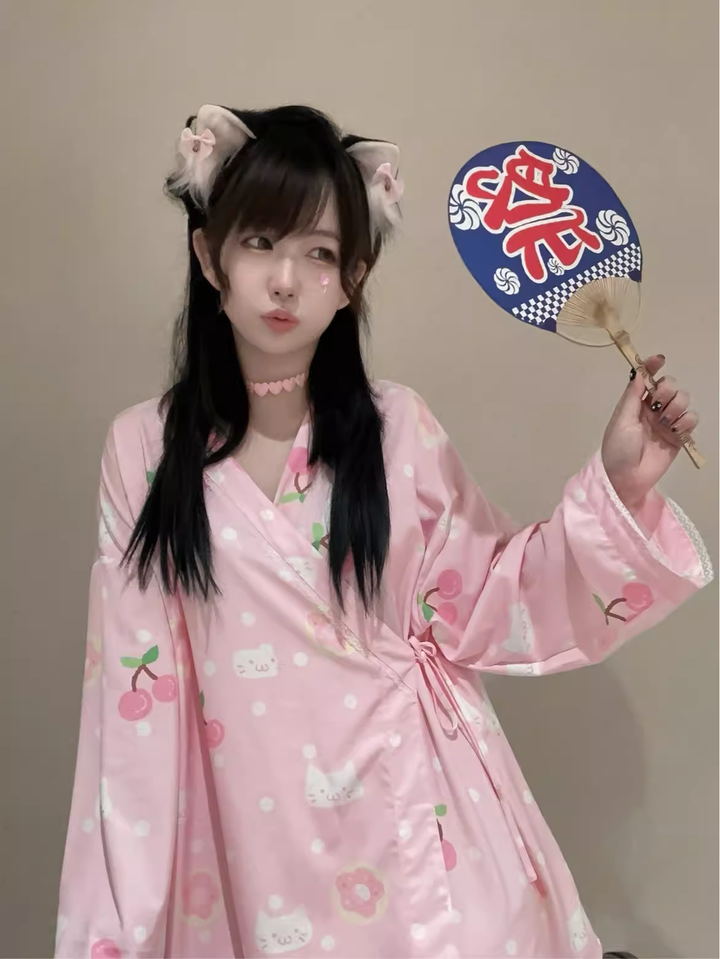 Kawaii Bathrobe Polka Dot Dress With Cat Angel Print 38222:592810