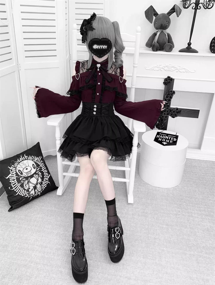 Jirai Kei Open Shoulder Blouse + Tiered Ruffles Skirt 43686:782913