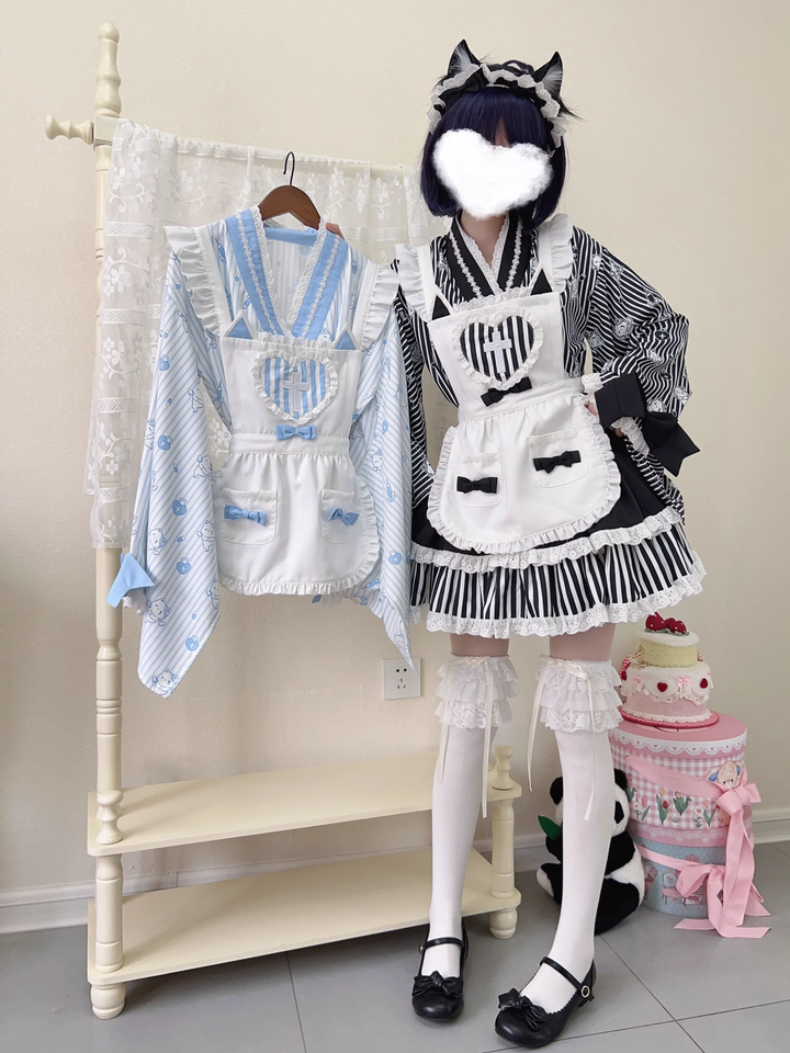 Kimono Lolita Blouse Striped Housemaid Skirt Set 37640:609504