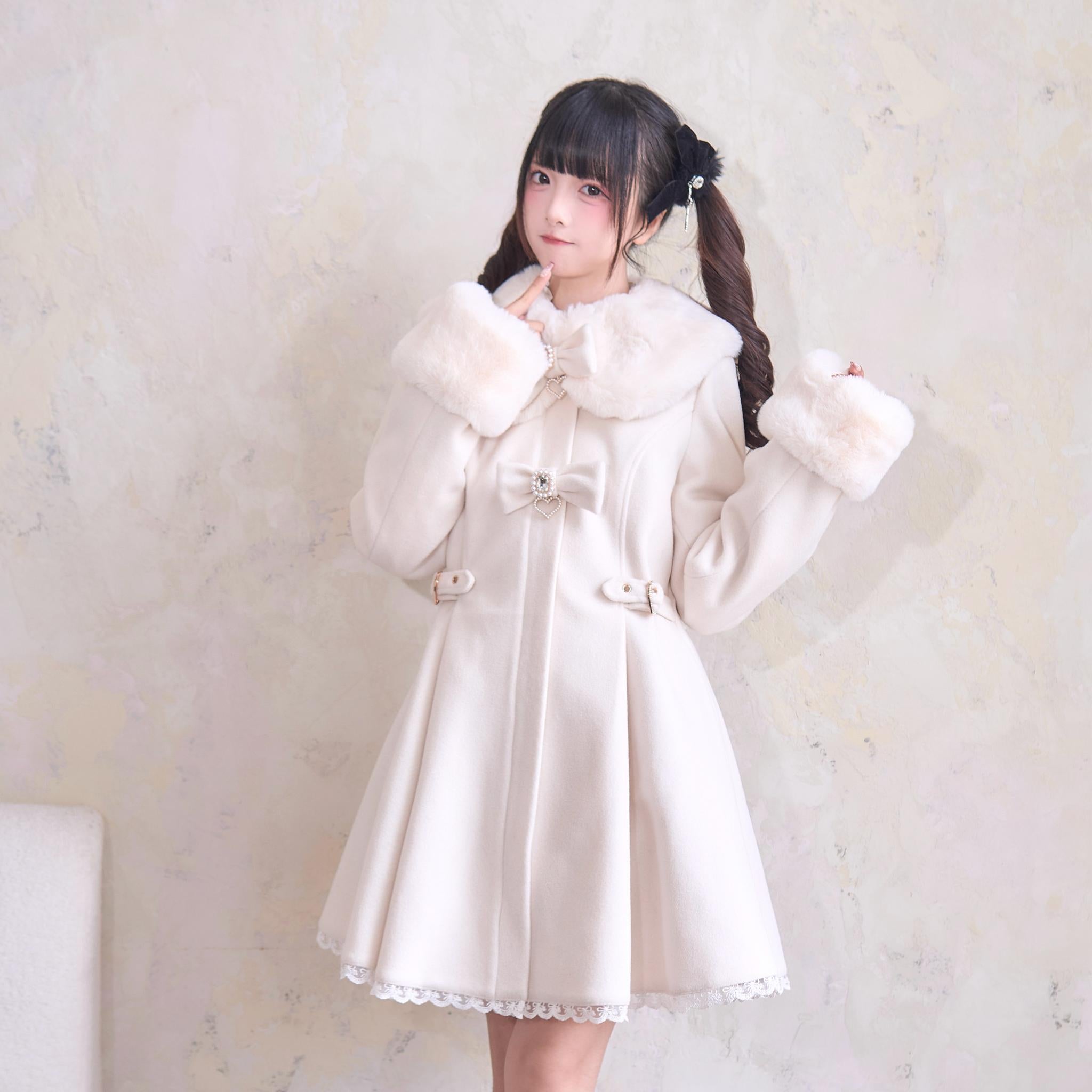 Jirai Kei Winter Coat Fur Collar Lace Coat With Bows – Honey Wardrobe