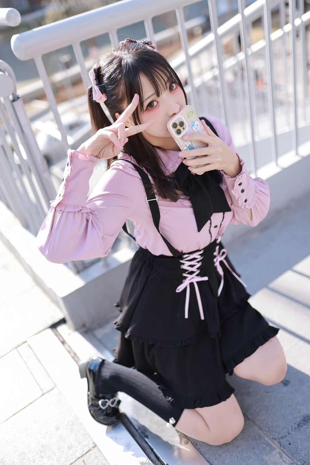 Jirai Kei Blouse Pink Blue Shirt Black Lace Up Skirt 21832:760692