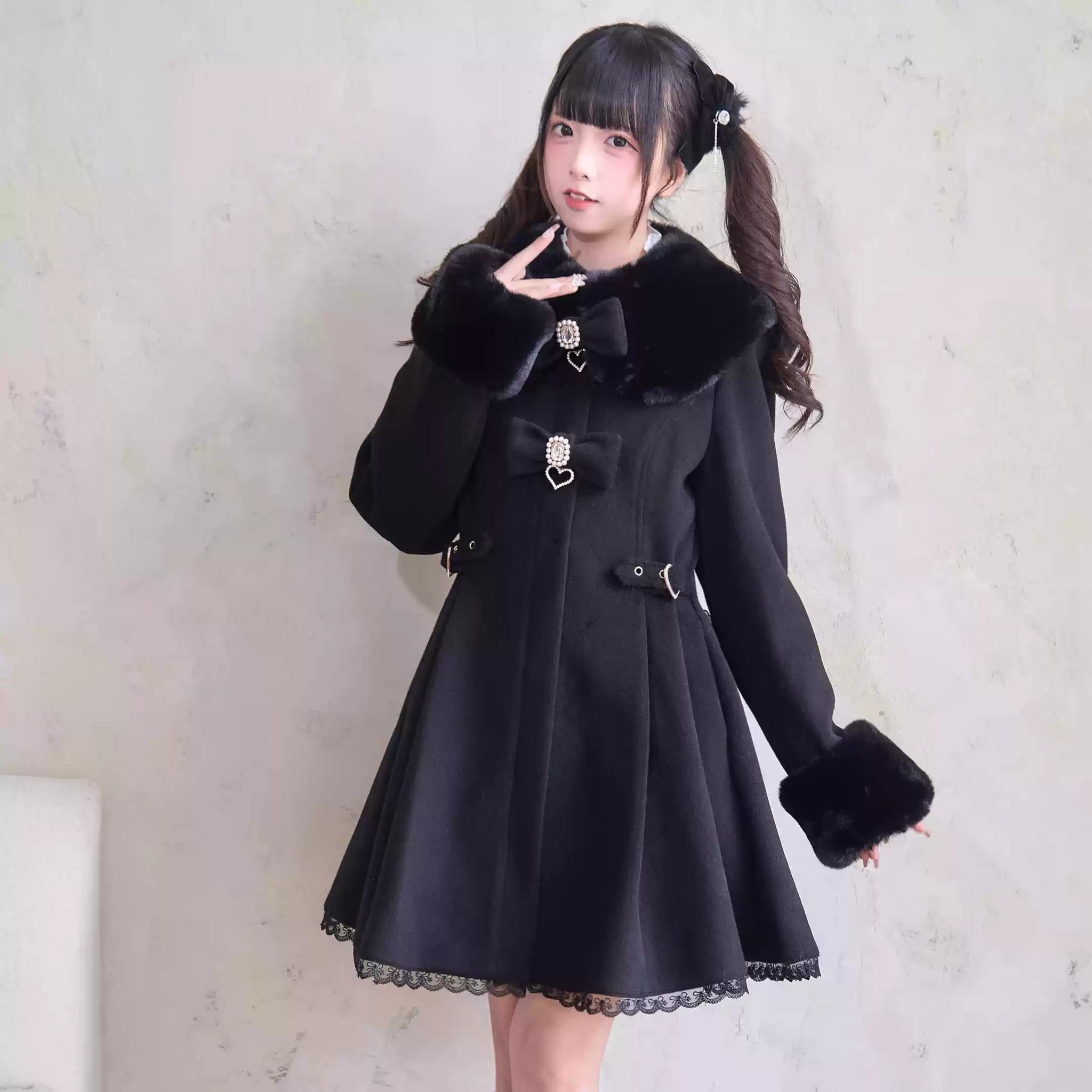 Jirai Kei Winter Coat Fur Collar Lace Coat With Bows – Honey Wardrobe