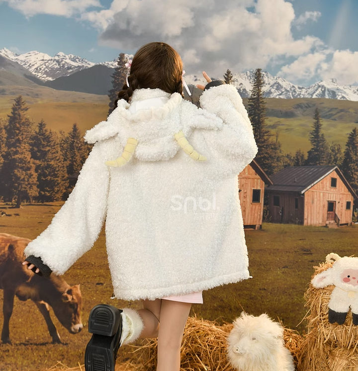 Mori Kei White Winter Jacket Little Sheep Fleece Coat 22696:328700 22696:328700