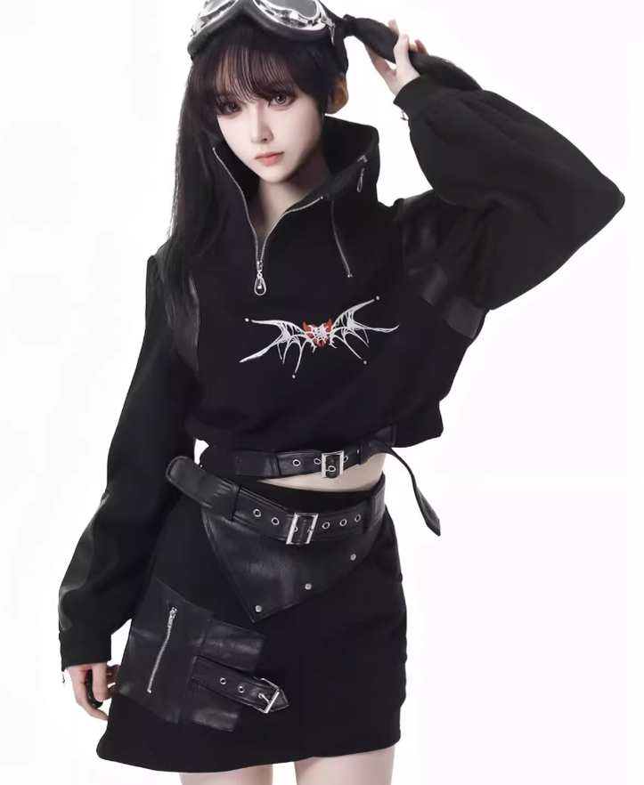 Punk Hoodie Pants Cape Skirt Fleece Lining Black Outfit 41112:694648