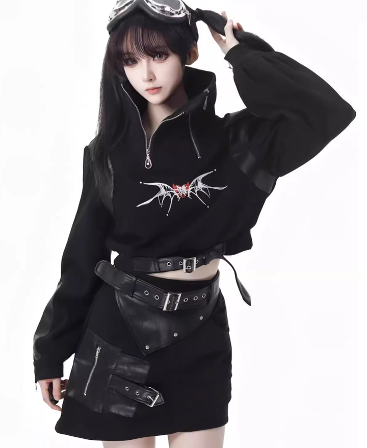 Punk Hoodie Pants Cape Skirt Fleece Lining Black Outfit 41112:694648