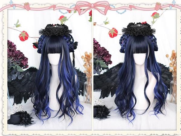 Lolita Wig Blue Black Wig With Big Waves Long Wig 35620:496338 35620:496338