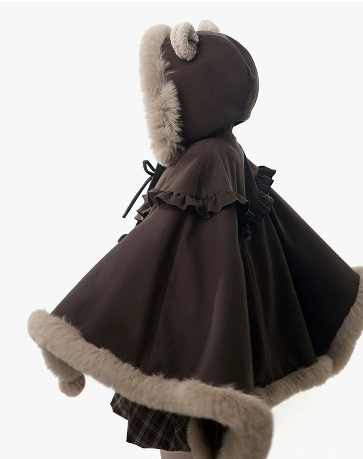 Winter Plaid Suspender Bubble Skirt, Bear Ear Plush Cape 45991:872207