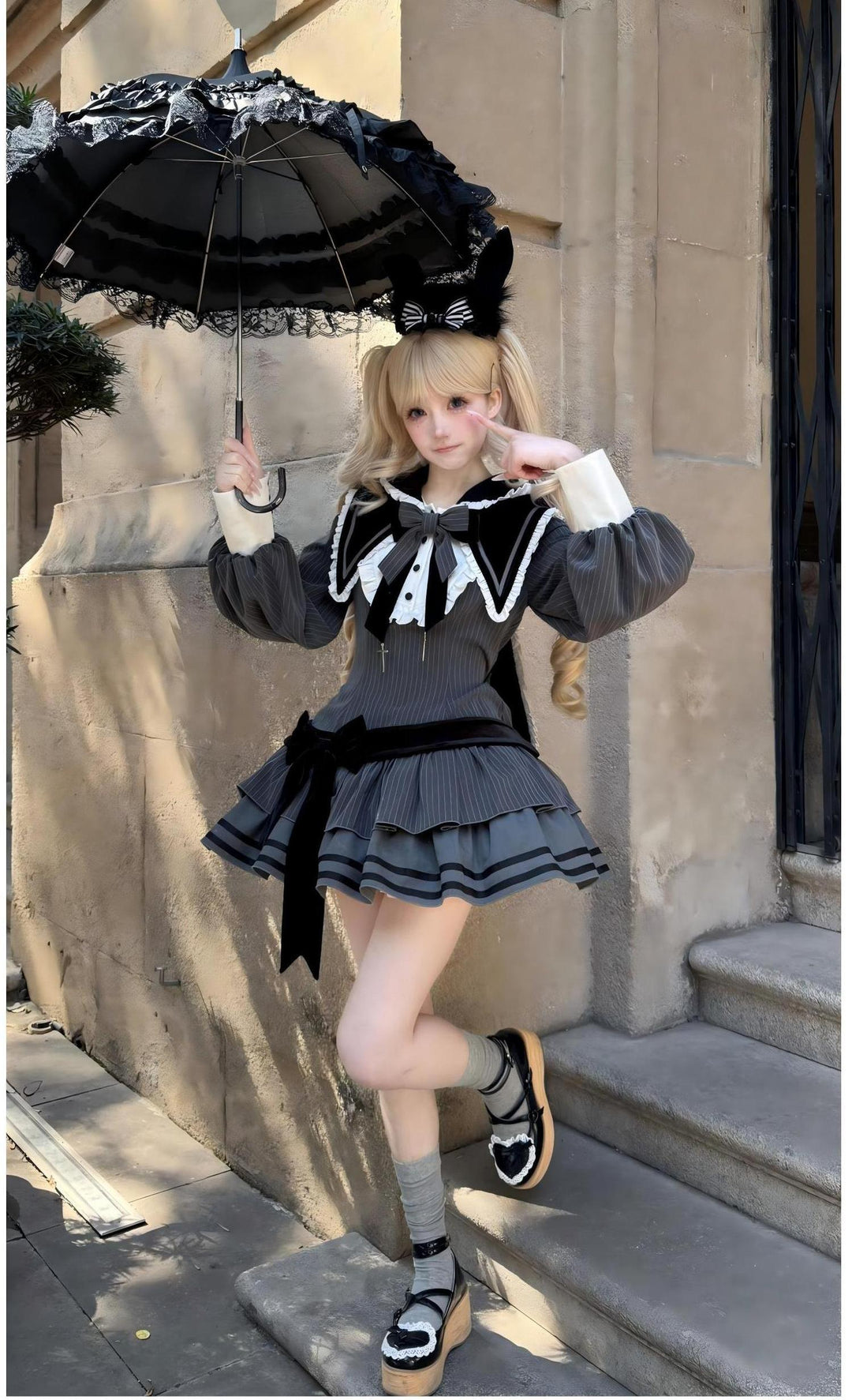 Kawaii Lolita Dress Grey OP With Long Bunny Ears and Plush Ball 42320:738120