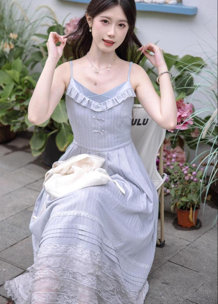 Mori Kei Strap Dress V-neck Dress With Multiple colors 36210:524140