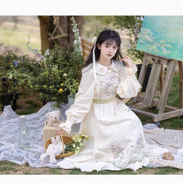 Cottagecore Dress Mori Kei Dress Set Embroidered Cotton Set 36238:527684