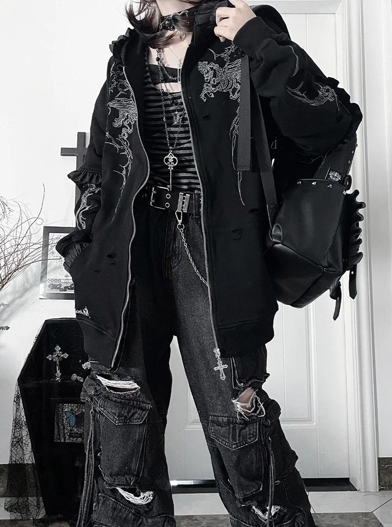 Punk Hooded Jacket, Ripped Details & Horse Embroidery 45939:871334